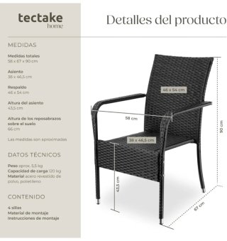 tectake® Sillas de Ratán y Acero Apilable, jardín