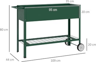Aiuola esterna con ripiano inferiore per attrezzi, aiuola da giardino rialzata in metallo con 2 ruote e maniglia, aiuola per orto, 104x39x80 cm, verde