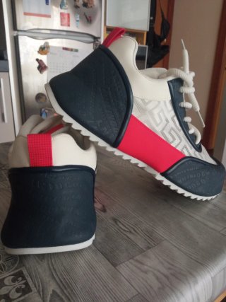 Zapatillas deportivas azules y blanca.