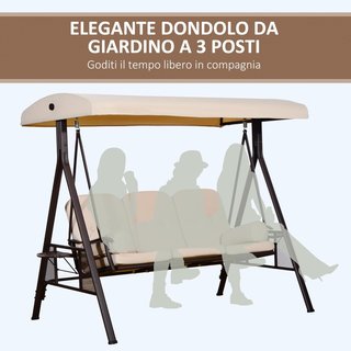 Columpio de Jardín de 3 Plazas con Techo Regulable, Portavasos y Cojines, Columpio de Exterior de Metal y Poliéster, 208X121X172 Cm, Beige