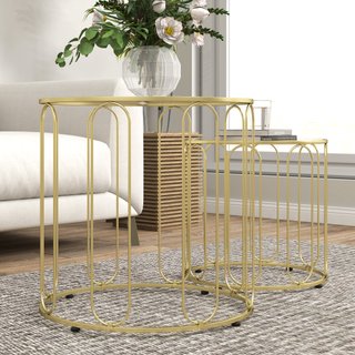 Set di 2 Tavolini Imbottiti Rotondi Moderni Dorato