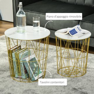 Set 2 Tavolini da Salotto Impilabili Bianco Oro
