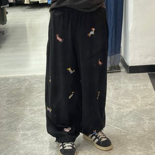 Pantaloni barrel, baggy, oversize, ricamo bassotti