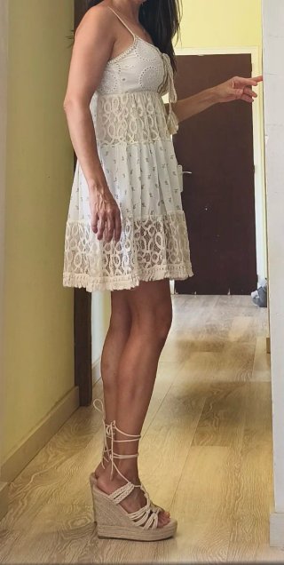 Vestido Boho Hippie M/38 Blanco Encaje