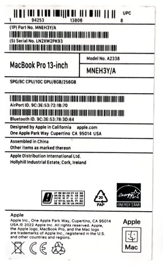 MacBook Pro 13", M22 2022, 8GBRAM, 256GB SSD