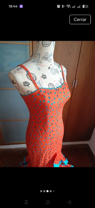 Traje de flamenca perforado celeste y naranja