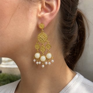 Pendientes Largos Oro Filigrana y Perlas