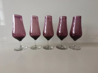 Copas de cristal Mid Century moradas (5 unidades)