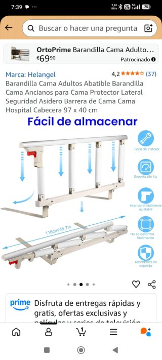 Barandilla Cama Niño/Adulto plegable. Amazon 59€