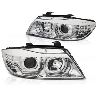 Faros Angel Eyes LED 3D BMW E90 E91 Cromada