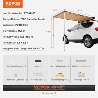 Toldo Lateral para Coche, Gran Cobertura de Sombra de 6.6' x 8.2' para Vehículos, Toldo Retráctil PU3000mm UV50+ con Bolsa de Almacenamiento Impermeable, Altura Ajustable, Adecuado para Camiones, ...