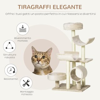 Árbol Rascador Juguete para Gatos con Diferentes Plataformas de Sisal Natural Altura 105Cm Crema