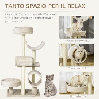 Árbol Rascador Juguete para Gatos con Diferentes Plataformas de Sisal Natural Altura 105Cm Crema