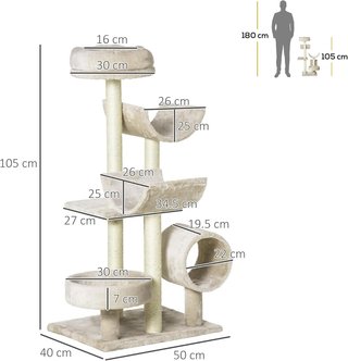 Árbol Rascador Juguete para Gatos con Diferentes Plataformas de Sisal Natural Altura 105Cm Crema