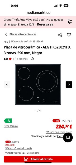 Placa vitrocerámica AEG HK623021FB 3 zonas c