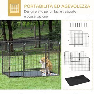 Caja para Perros Reja de Metal para Animales Con 4 Paneles, Puerta Con Doble Bloqueo Y Bandeja en el Fondo, 125X78X80Cm, Gris