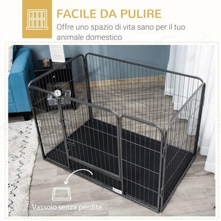 Caja para Perros Reja de Metal para Animales Con 4 Paneles, Puerta Con Doble Bloqueo Y Bandeja en el Fondo, 125X78X80Cm, Gris