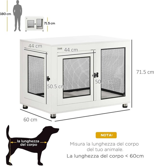 Jaula para Perros de Tamaño Grande Máx. 30 Kg para Interior, Caseta para Perros con 2 Puertas Bloqueables, Patas Regulables y Cojín Lavable, Acero y Madera, 94X60X71.5 Cm, Blanco