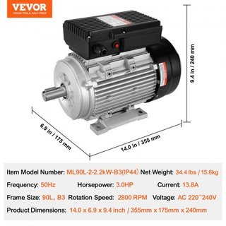 Motor Eléctrico de 2.2KW 2800 rpm, AC 220~240V 13.8A, 90L, Marco B3, Motor de Compresor de Aire Monofásico, Eje Con Diente de 24mm, Rotación CW/CCW para Maquinaria Agrícola y Equipos Generales