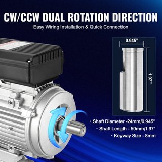 Motor Eléctrico de 1.5KW 1400 rpm, AC 220~240V 9.85A, 90L, Marco B3, Motor de Compresor de Aire Monofásico, Eje Con Diente de 24mm, Rotación CW/CCW para Maquinaria Agrícola y Equipos Generales