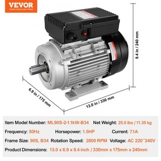 Motor Eléctrico de 1.1KW 2800 rpm, AC 220~240V 7.1A, 90S, Marco B34, Motor de Compresor de Aire Monofásico, Eje Con Diente de 24mm, Rotación CW/CCW para Maquinaria Agrícola y Equipos Generales