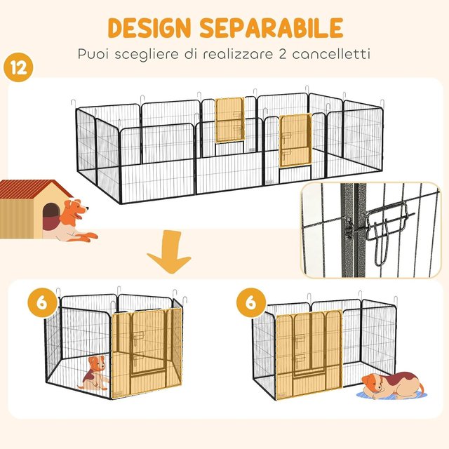 Recinto para Perros de Pequeña Tamaño de 12 Paneles Modulares de 80X1.5X80 Cm, Caja para Perros y Cachorros Plegable con Puerta de Acero con 12 Estacas, Gris