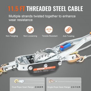 Winch de Arrastre, 5 Toneladas (5,000 kg) de Capacidad de Tiro, Cable de Acero de 3.5 m, 3 Ganchos, Herramienta de Tirón de Palanca de Doble Engranaje, Elevador de Automóviles Ideal para Rescate d...