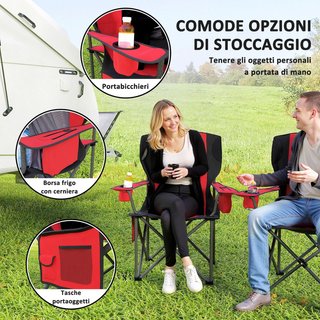 Conjunto de 2 Sillas de Camping Plegables con Bolsa Térmica, Portavasos, Reposacabezas y 2 Bolsillos, Sillas de Jardín de Tela Oxford y Metal, Capacidad de hasta 120 Kg, 94X62X100 Cm, Rojo