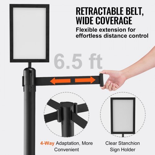 Barandillas de Control de Multitudes, Paquete de 6 Barreras de Control de Multitudes, Poste de Barrera de Acero al Carbono Pintado al Horno con Soporte para Carteles y 3PCS Cinta Retráctil de 6.5F...