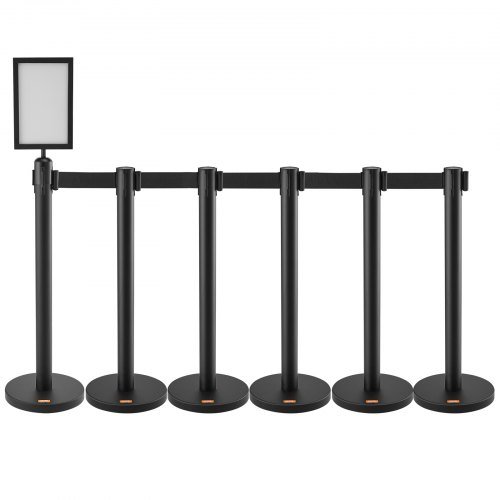 Barandillas de Control de Multitudes, Paquete de 6 Barreras de Control de Multitudes, Poste de Barrera de Acero al Carbono Pintado al Horno con Soporte para Carteles y 3PCS Cinta Retráctil de 6.5F...