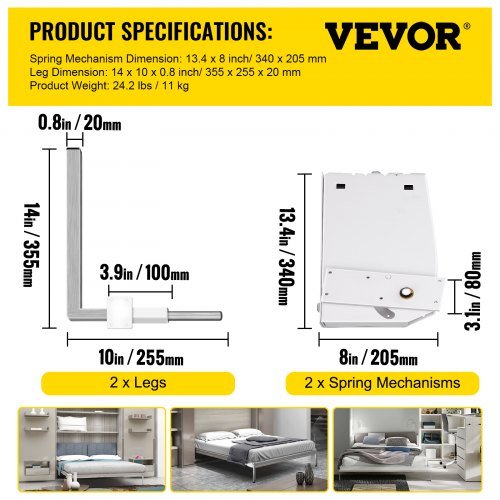Kit fai-da-te per montaggio meccanismo a molla Murphy a parete, supporto hardware pesante per letto king e queen (verticale), bianco