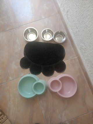 Accesorios para gatos: cuencos y alfombrilla