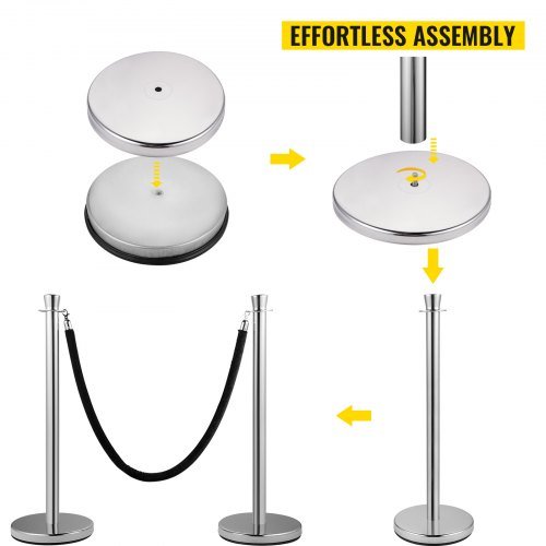 Barriera di Controllo della Folle, Set di 2 Pezzi, Set di Barriere con Corda di Velluto Nero da 5 piedi/1.5 m, Barriera di Controllo della Folle Argentata con Base in Cemento e Metallo