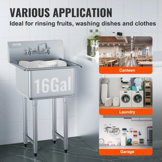 Lavandoio in Acciaio Inox per Preparazione e Utilità, Lavellino da 1 Scomparto con Rubinetto e Piedi, 533,4 x 1041 mm, Lavelli Commerciali a Un Bacino per Garage, Resistente...