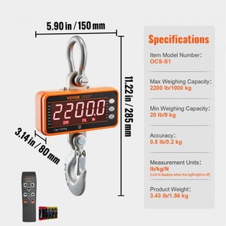 Báscula de Grúa Digital, 2200 lbs/1000 kg, Báscula Colgante Industrial de Alta Resistencia con Control Remoto, Caja de Aluminio Fundido y Pantalla LED, Alta Precisión para Construcción, Fábrica, G...