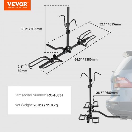Supporto per Bicicletta a Gancio, Stile Piattaforma per 2 Biciclette, Capacità Max 80 LBS per Ricevitore 1.25-/2 Pollici, Trasportatore di Biciclette...
