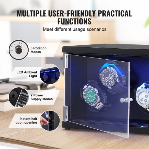 Winder per Orologi, Winder per 4 Orologi Automatici da Uomo e Donna, con 2 Motori Giapponesi Mabuchi Super Silenziosi, Luce LED Blu e Adattatore, Carcasa in Pannello ad Alta Densità e PU Nero