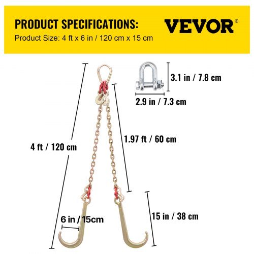 Cadena V Bridle, catena da traino da 8 mm x 60 cm, catena di trasporto V-Bridle grado 80, resistenza alla rottura 4898 kg con ganci TJ e ganci granchio, connettore di collegamento e...