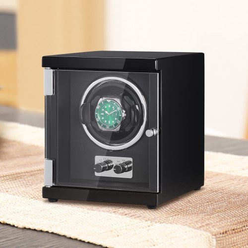Winder per Orologi, Winder Singolo per Orologio Automatico da Uomo e Donna, con Motore Giapponese Mabuchi Super Silenzioso, Luce LED Blu e Adattatore, Involucro in Pannello ad Alta Densità e PU Nero
