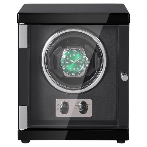 Winder per Orologi, Winder Singolo per Orologio Automatico da Uomo e Donna, con Motore Giapponese Mabuchi Super Silenzioso, Luce LED Blu e Adattatore, Involucro in Pannello ad Alta Densità e PU Nero
