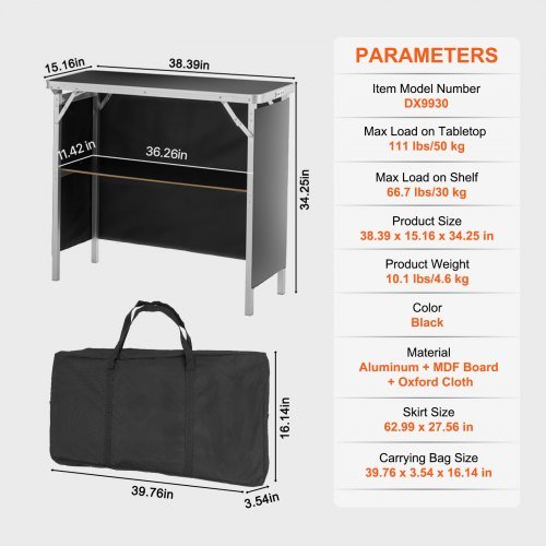 Tavolo da Mostra Pieghevole per Fiere, 97,5 × 38,5 × 87 cm, Banco Espositivo per Stand con Parete, Tavolo da Bar Promozionale con Scaffale e Borsa