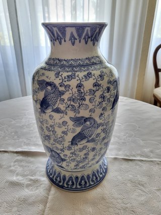 Jarrón Chino Azul y Blanco Cerámica