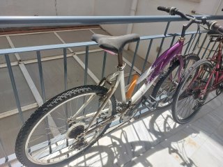 Bicicleta mediana morada y blanca