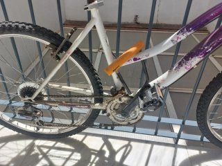 Bicicleta mediana morada y blanca