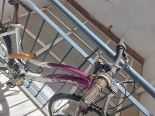 Bicicleta mediana morada y blanca