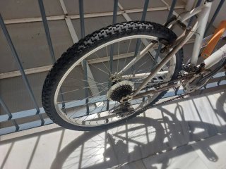 Bicicleta mediana morada y blanca