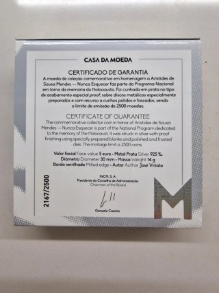 Moneda Plata 5 Euro Aristides de Sousa Mendes 2021