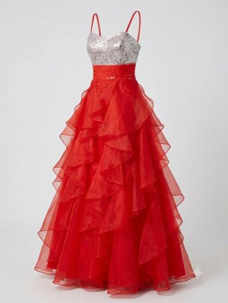 Vestido de fiesta largo rojo y plateado