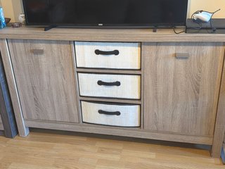 Mueble TV madera y tela beige/marrón