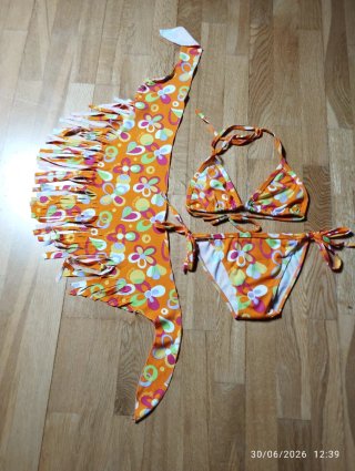 Bikini con pareo flecos naranja flores T.XS/S